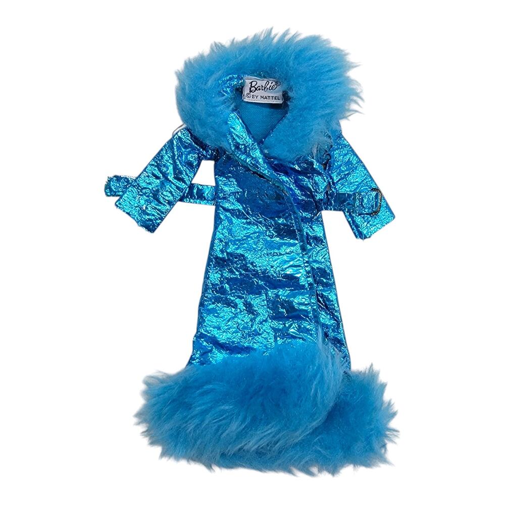 Vintage Barbie Mod Maxi n Midi Blue Metallic Foil Fur Collar Belted Coat 1970